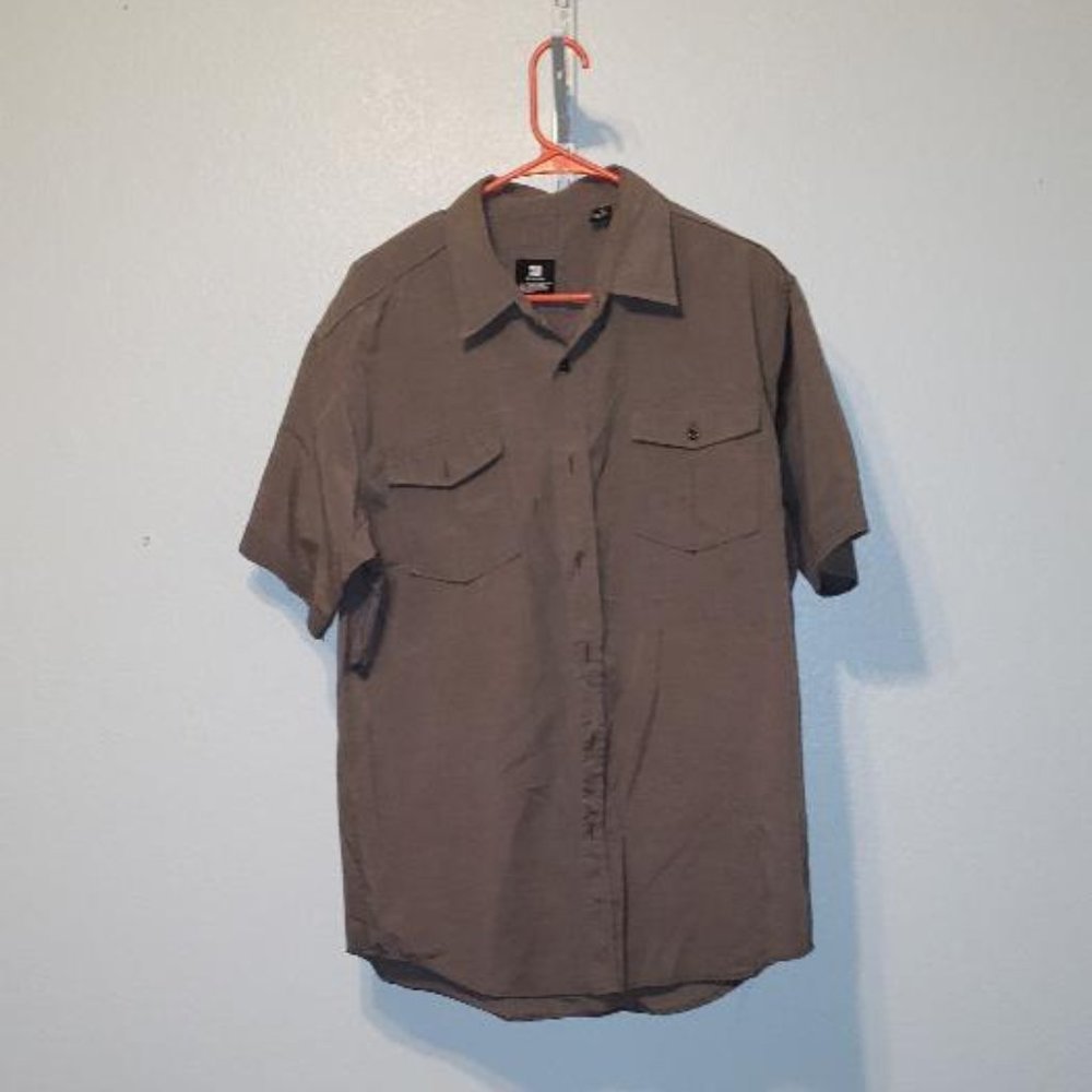 brown button down shirt shot sleeves